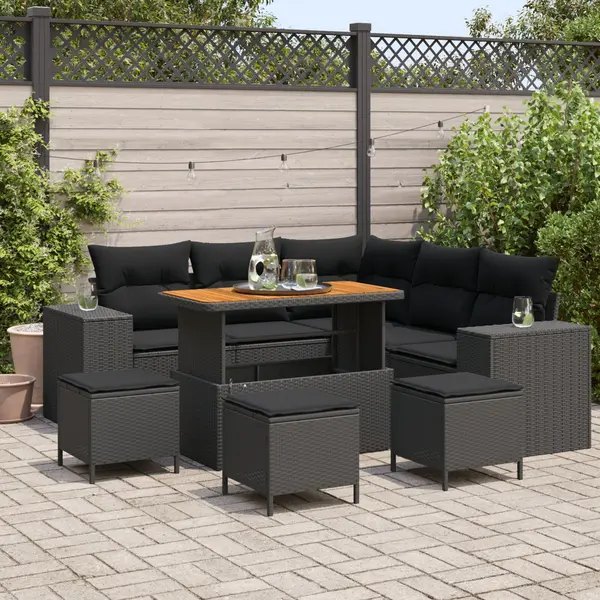 Set canapele gradina Gossi cu perne, ratan poli negru, acacia, set dining gradina Gossi cu perne, ratan poli negru, acacia