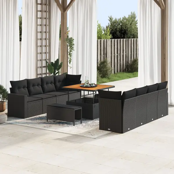 Set canapele pentru gradina 11 piese cu perne negre ratan poli acacia, set dining gradina 3 piese cu perne negre ratan poli acacia