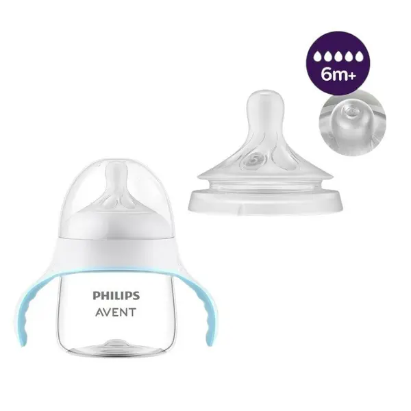 Set canuta cu tetina, Philips Avent, Natural Response, 150 ml, Fara BPA, Anticolici, + Tetine, 2 buc, Cu debit 5 (rapid) 6 luni+, Alb