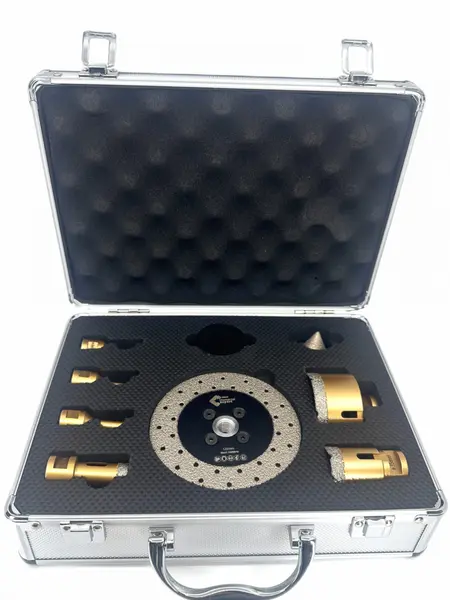 Set carote diamantate pt. gresie portelanata & piatra - diam. 6, 8, 10, 20, 35, 68 (mm), freza conica, disc taiere si ceara PREMIUM - DXDY.GOLDrill.9SET
