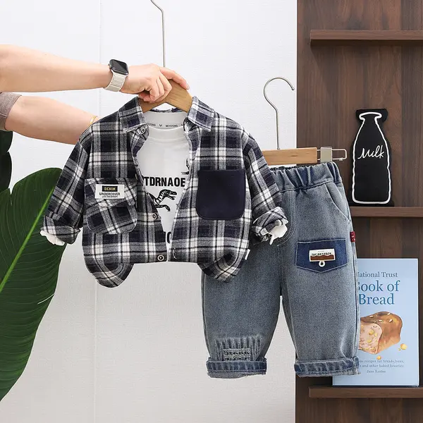Set Casual Băieți 3 Piese – Cămașă, Tricou Imprimeu și Jeansi cu Elastic - 18-24 luni