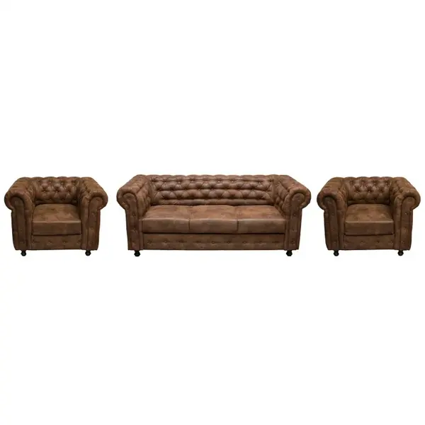 Set CHESTERFIELD 3-1-1, canapea extensibila 3 locuri si 2 fotolii fixe, maro