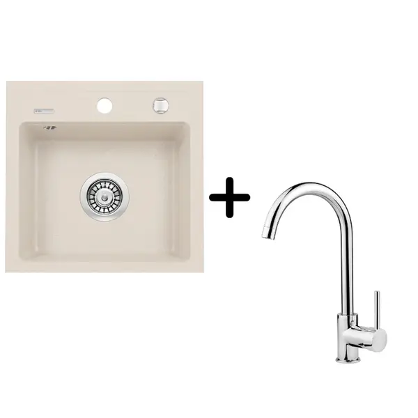Set chiuveta bucatarie bej din ceramica si baterie chiuveta bucatarie crom cu pipa pivotanta, Deante