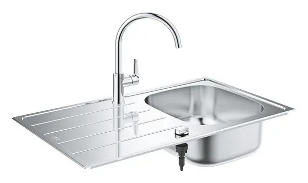 Set chiuveta bucatarie Grohe K200 31562SD1, 86 x 50 cm, reversibila, baterie inalta, evacuare automata, kit montaj inclus, Inox satinat