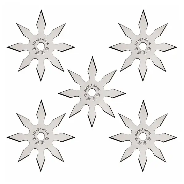 Set cinci stele de aruncat, 8 colturi, otel inoxidabil, 10 cm, argintiu