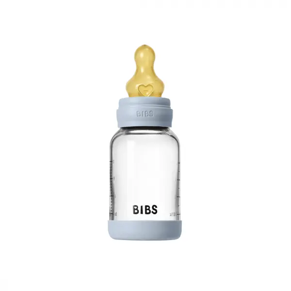 Set complet biberon din sticla anticolici cu tetina din latex, flux lent, 120 ml, Baby Blue