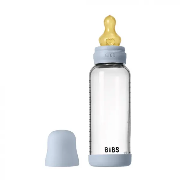 Set complet biberon din sticla anticolici cu tetina din latex, flux mediu, 240 ml, Baby Blue