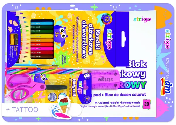 Set complet rechizite -Bloc A4 multicolor, rigla, foarfeca, creion curcubeu, creioane colorate acuarela, ascutitoare, 12 Tatuaje- KIT B4