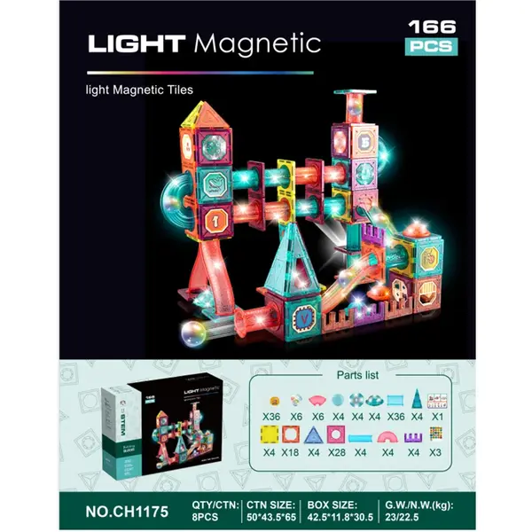 Set Constructie Magnetica 3D cu Lumini - 89-166 piese, Joc STEM pentru Copii 3+ 166 PIESE