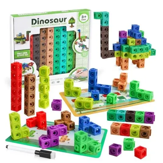 Set constructie Montessori cu cuburi matematice tip dinozaur, 117 piese