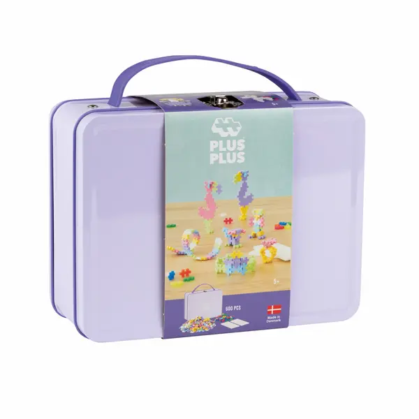 Set constructie Plus-Plus, 600 piese, portabil, in cutie metalica, culori pastelate