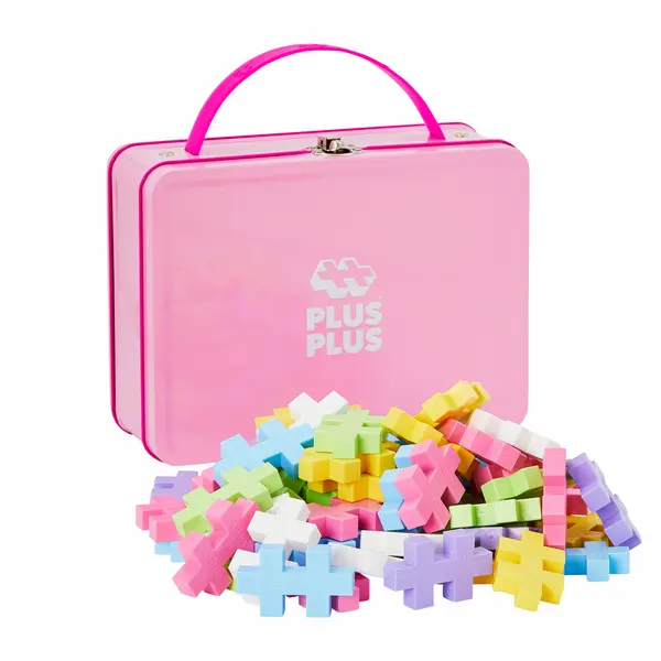 Set constructie Plus-Plus, 70 piese mari, portabil, in cutie metalica, culori pastelate
