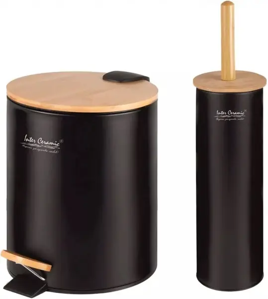 Set coș și perie pentru toaletă Inter Ceramic - 8354В, 5 l, negru-bambus
