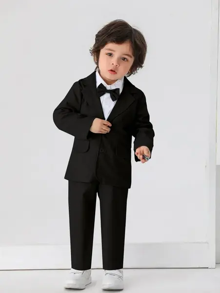 Set costum 2 buc pentru bebeluși băieți, sacou cu fundă și pantaloni - Negru / 7Y
