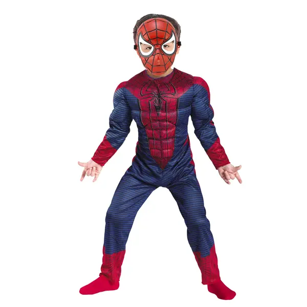 Set costum Avenge Spiderman cu muschi, rosu si masca plastic, 5-7 ani, 110-120 cm