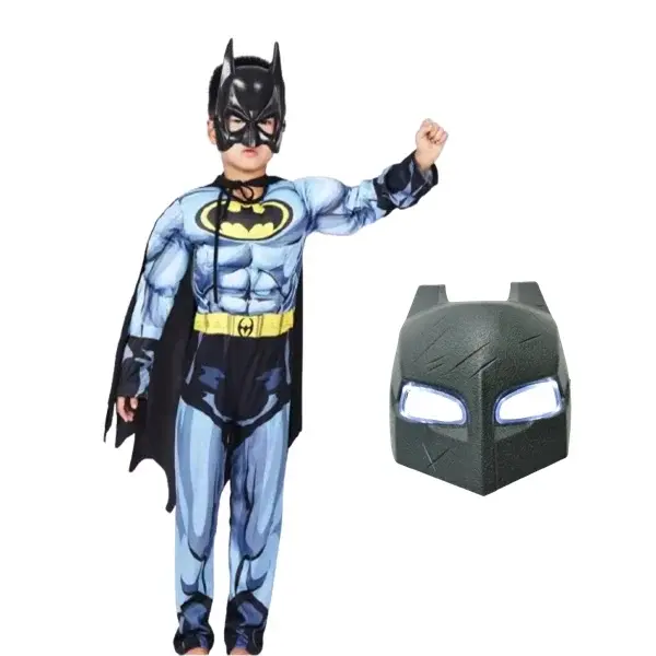 Set costum Batman cu muschi si masca LED, M, 5-7 ani, 110-120 cm