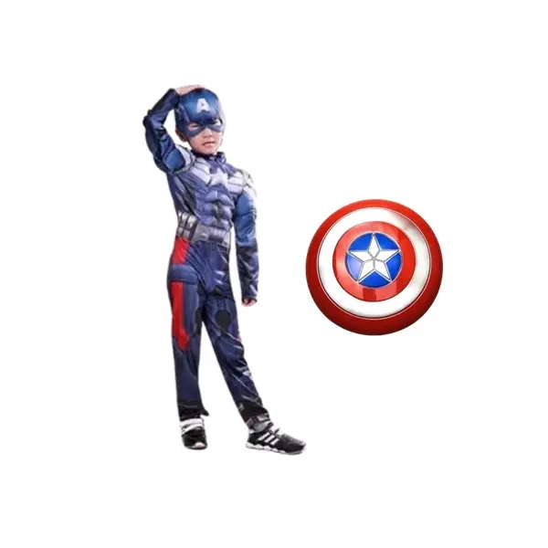 Set costum Captain America cu Muschi + Scut Supererou 30 cm, DEPOX , 7-9 ani , 120-130 cm