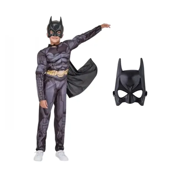 Set costum carnaval Batman cu muschi si masca plastic, 22 cm x 15 cm pentru copii DEPOX , 3-5 ani, gri