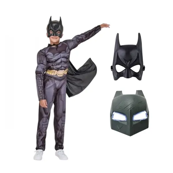 Set costum carnaval cu muschi, masca 22 cm x 15 cm si masca Batman, PVC cu LED-uri pentru copii DEPOX , 7-9 ani, gri