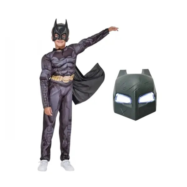 Set costum carnaval cu muschi si masca Batman, PVC cu LED-uri pentru copii DEPOX , 5-7 ani, gri