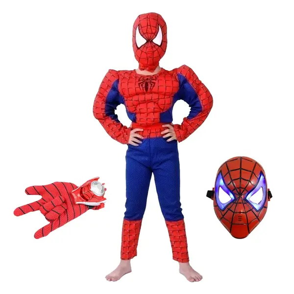 Set costum clasic Spiderman cu muschi, rosu, manusa discuri si masca LED, 3-5 ani, 100-110 cm