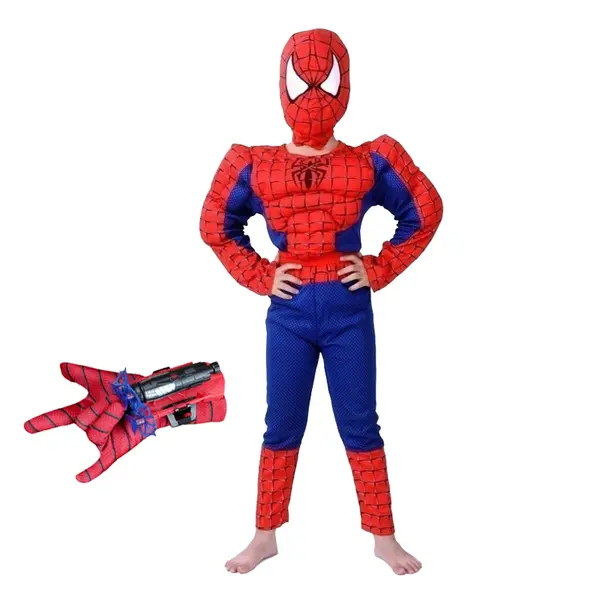 Set costum clasic Spiderman cu muschi, rosu si manusa cu ventuze, 3-5 ani, 100-110 cm