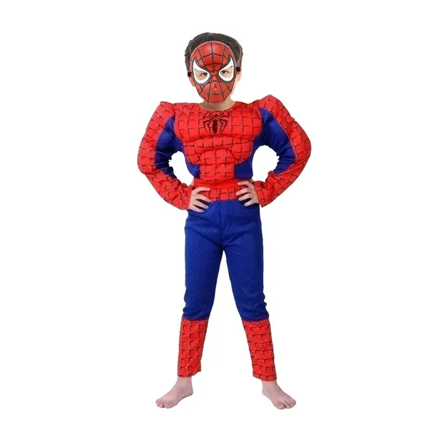 Set costum clasic Spiderman cu muschi, rosu si masca plastic, 3-5 ani, 100-110 cm