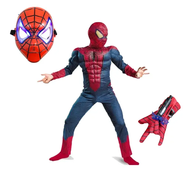 Set costum cu muschi Spiderman, manusa cu lansator si masca plastic LED, rosu, 5-7 ani, 110-120 cm