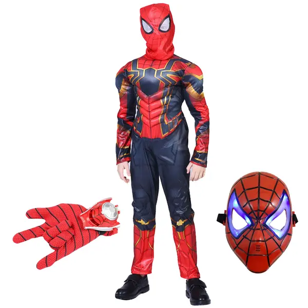 Set costum Iron Spiderman, New Era, rosu, manusa cu discuri si masca LED, 5-7 ani, 110-120 cm
