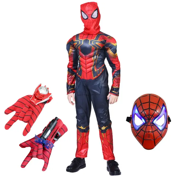 Set costum Iron Spiderman, New Era, rosu, manusa cu ventuze, discuri si masca LED, 3-5 ani, 100-110 cm