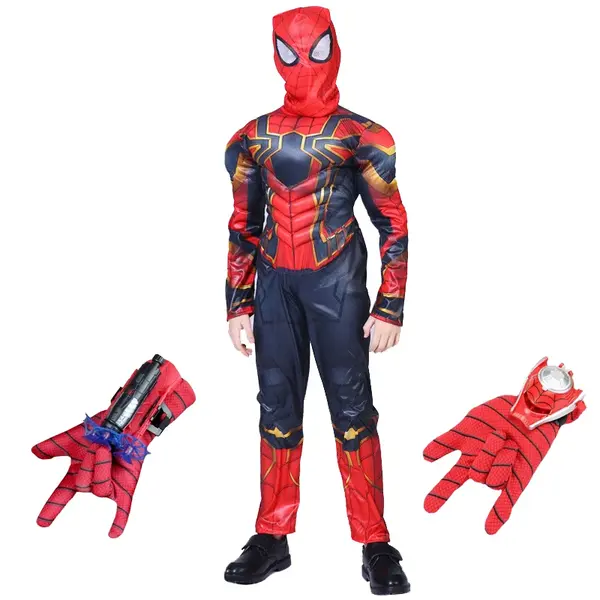 Set costum Iron Spiderman , New Era, rosu, manusa cu ventuze si discuri, 3-5 ani, 100-110
