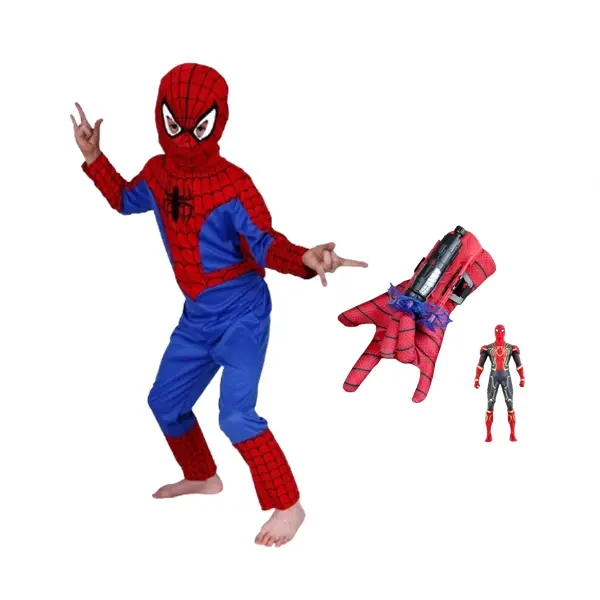 Set costum, manusa cu ventuze si figurina Spiderman, marime 3 - 5 ani, rosu