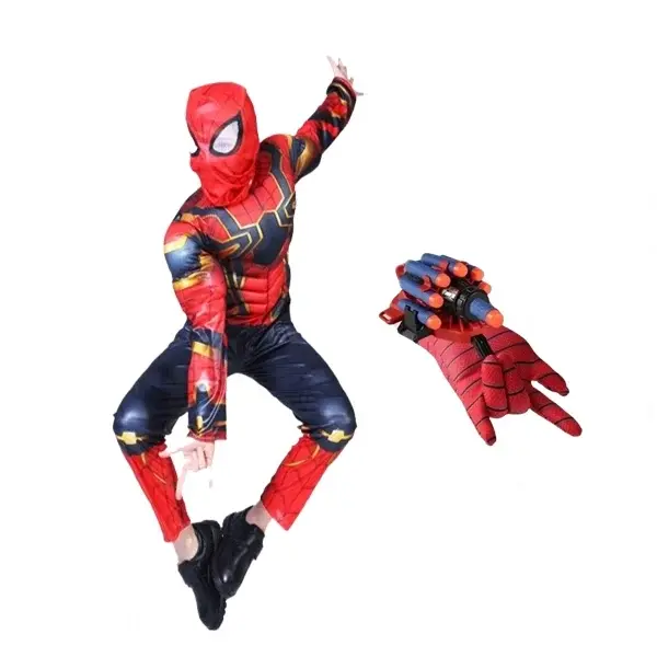 Set costum si manusa lansator cu 7 ventuze din burete Iron Spiderman, 5-7 ani, rosu