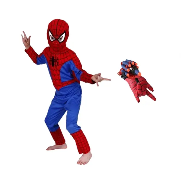 Set costum si manusa lansator cu 7 ventuze din burete SpiderMan, marime 3 - 5 ani, rosu