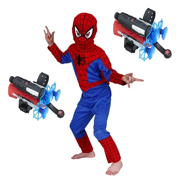 Set costum Spiderman clasic si doua lansatoare cu ventuze, 7-9 ani, 120-130 cm