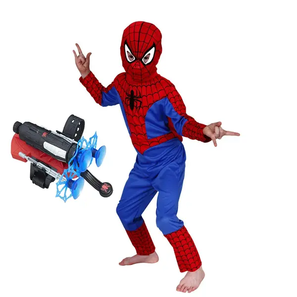 Set costum Spiderman clasic si lansator cu ventuze, 110-120 cm, 5-7 ani