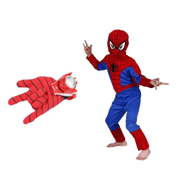 Set costum Spiderman clasic si manusa cu lansator, 7-9 ani, 120-130 cm