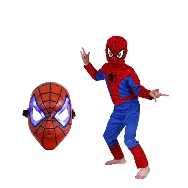 Set costum Spiderman clasic si masca LED, 7-9 ani, 120-130 cm