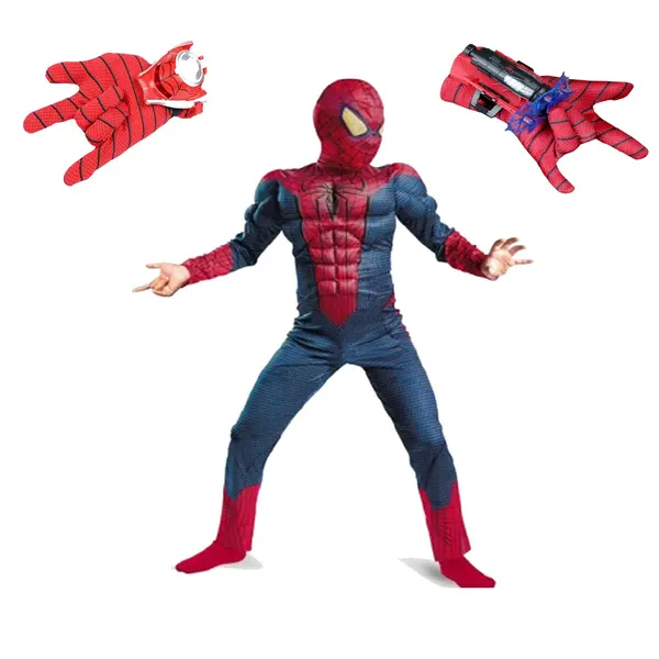 Set costum Spiderman cu muschi si 2 lansatoare, rosu, 110-120 cm, 5-7 ani