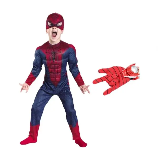 Set costum Spiderman cu muschi si manusa cu discuri, Depox , marime L, 7-9 ani, rosu