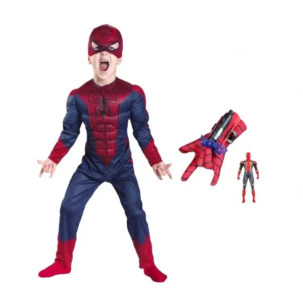 Set costum Spiderman cu muschi si manusa cu ventuze si figurina, DEPOX , marime S, 3 - 5 ani, rosu