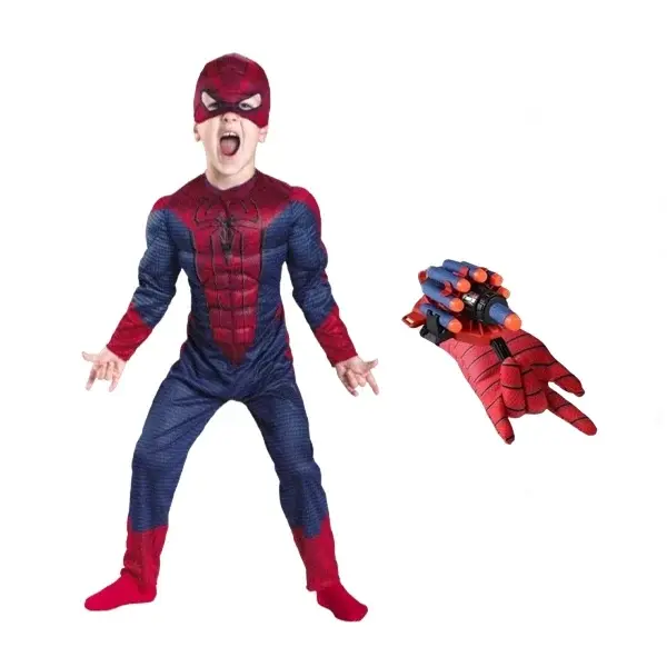 Set costum Spiderman cu muschi si manusa lansator cu 7 ventuze din burete , DEPOX , marime S, 3 - 5 ani, rosu