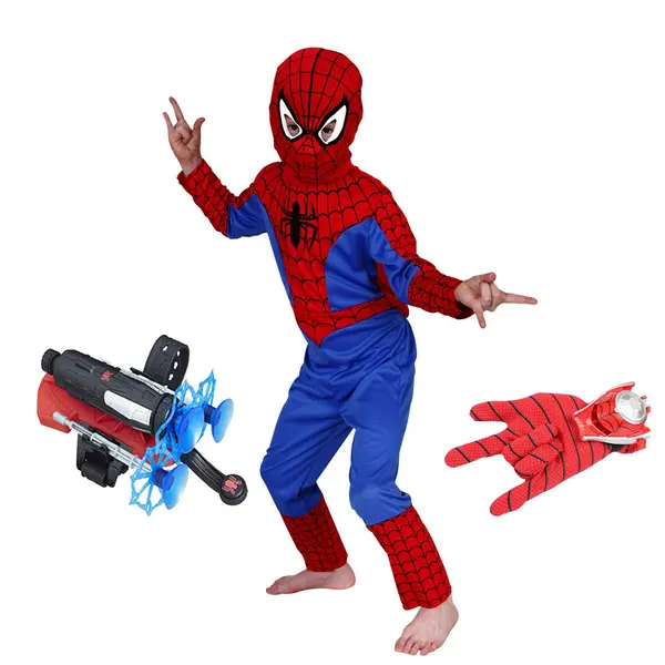 Set costum Spiderman lansator cu ventuze si manusa cu discuri, 100-110 cm, 3-5 ani
