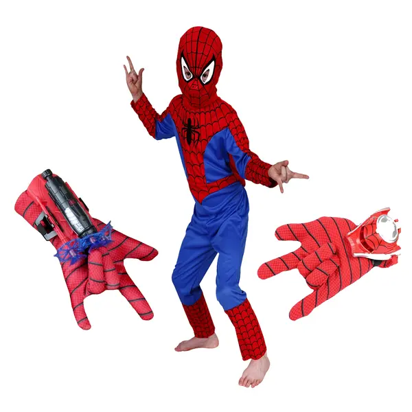Set costum Spiderman, manusa cu ventuze si manusa cu discuri, 100-110 cm, 3-5 ani