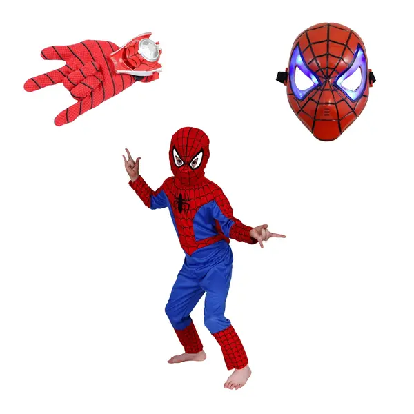 Set costum Spiderman, masca LED si manusa cu lansator, 5-7 ani, 110-120 cm