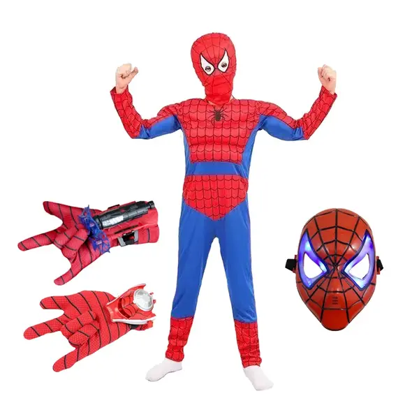 Set costum Ultimate Spiderman pentru copii, 100% poliester, manusa ventuze, discuri si masca LED, 4-6 ani, 100-110 cm