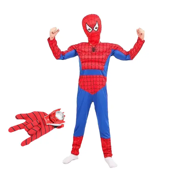 Set costum Ultimate Spiderman pentru copii, 100% poliester si manusa cu discuri, 4-6 ani, 100-110 cm