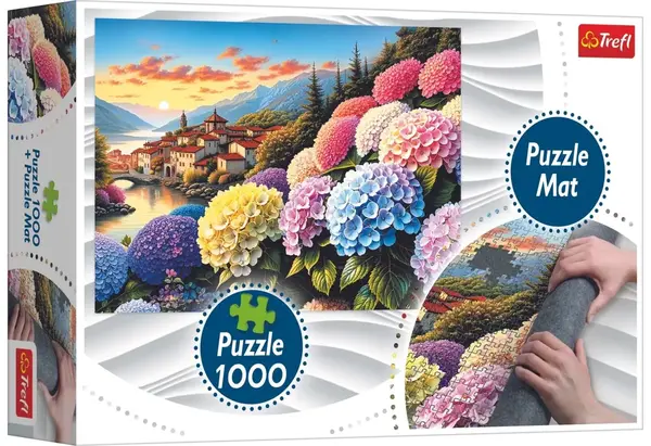 Set covoraș și puzzle Trefl de 1000 piese - Lumea fermecată a hortensiilor