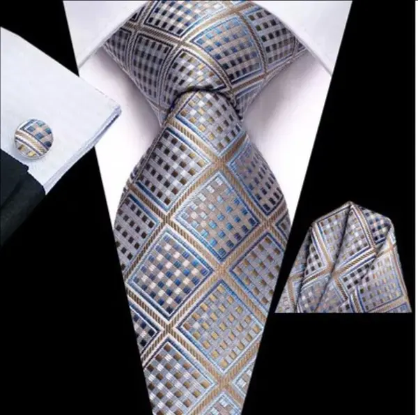 Set cravata gri argintie + batista + butoni - matase -- model 857