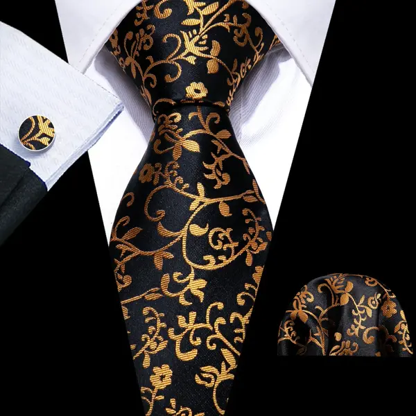 Set cravata neagra cu auriu + batista + butoni - matase - model 475
